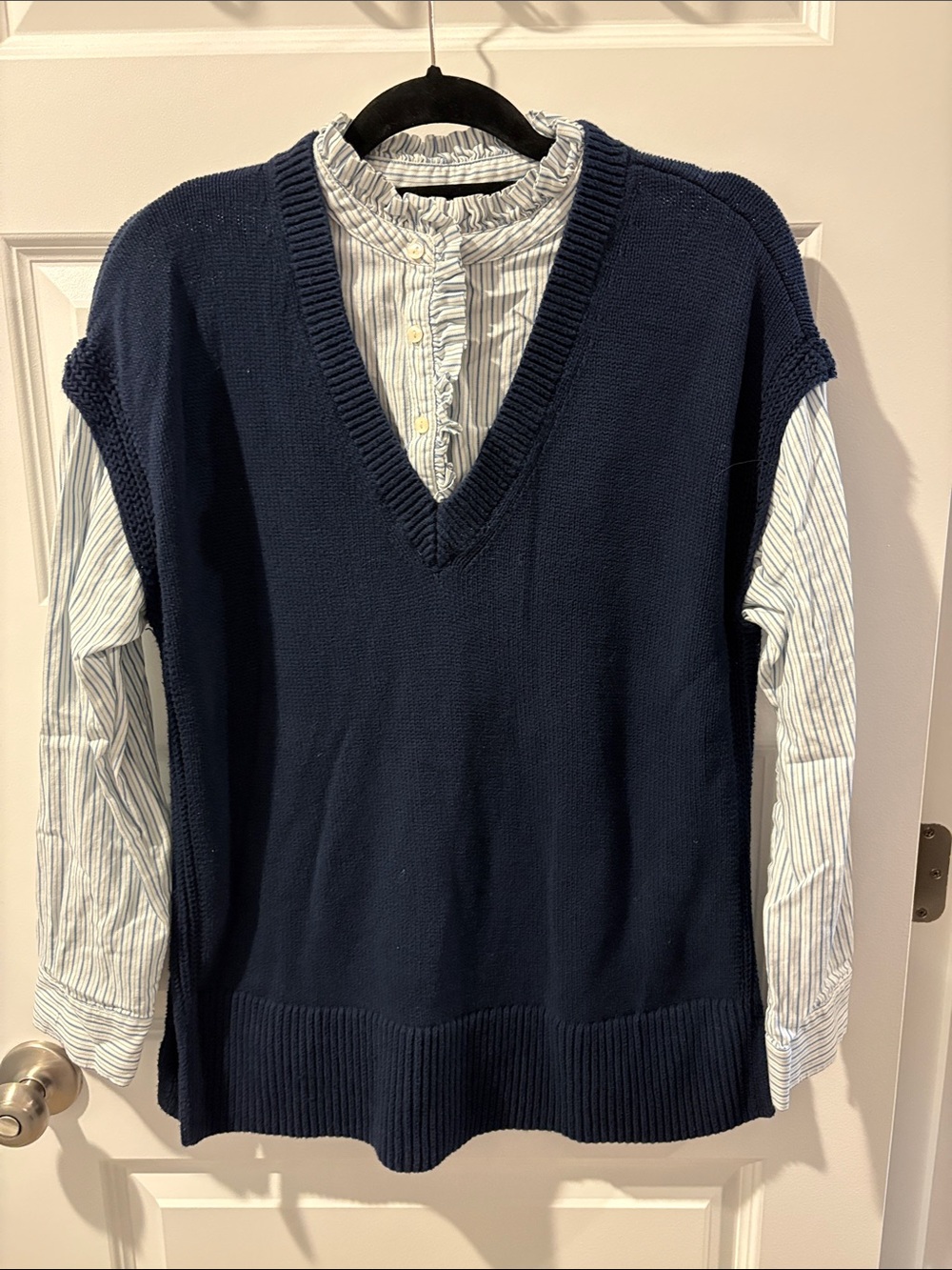 LOFT Navy Mixed Media Blouse with Sweater